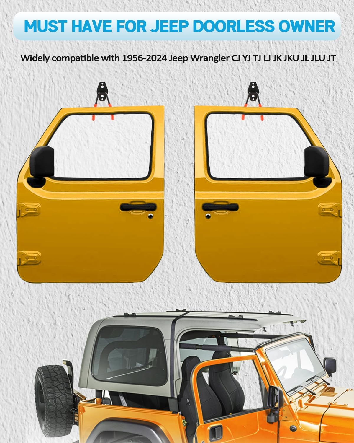 Heavy-Duty Door Storage Hangers (4-PCS) for 1956-2025 Jeep Wrangler & Gladiator - Wall Mount