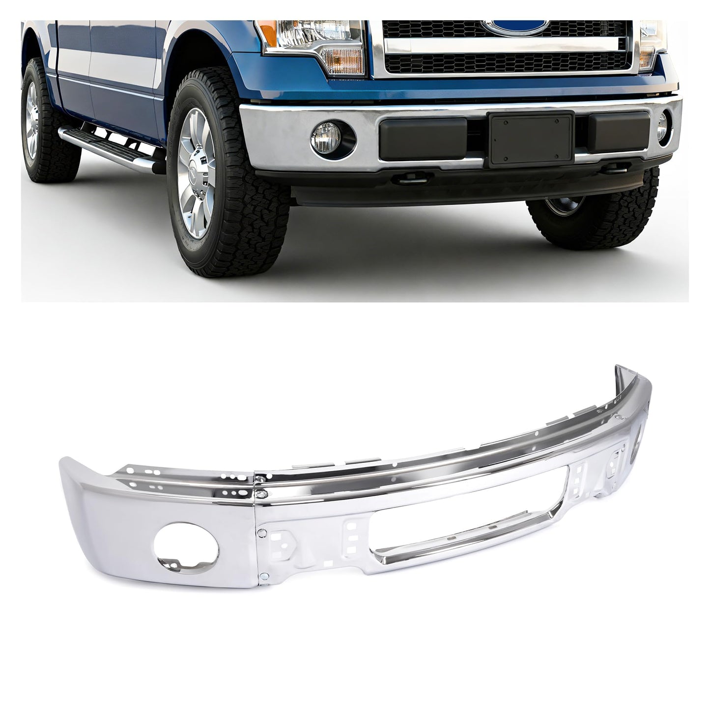 Ford F-150 Steel Chrome Front Bumper, No Fog Light Holes