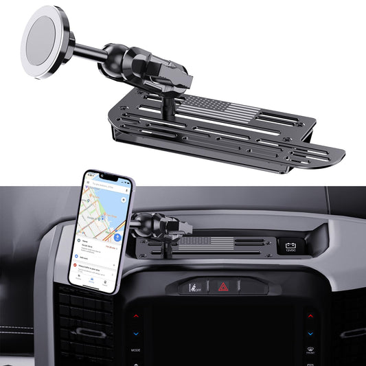 Steel Phone Mount for 2019+ Ram 1500/2500/3500/TRX - Dual Head Magnetic & Clamp, USA Flag Design, OEM Dash Screw Mount