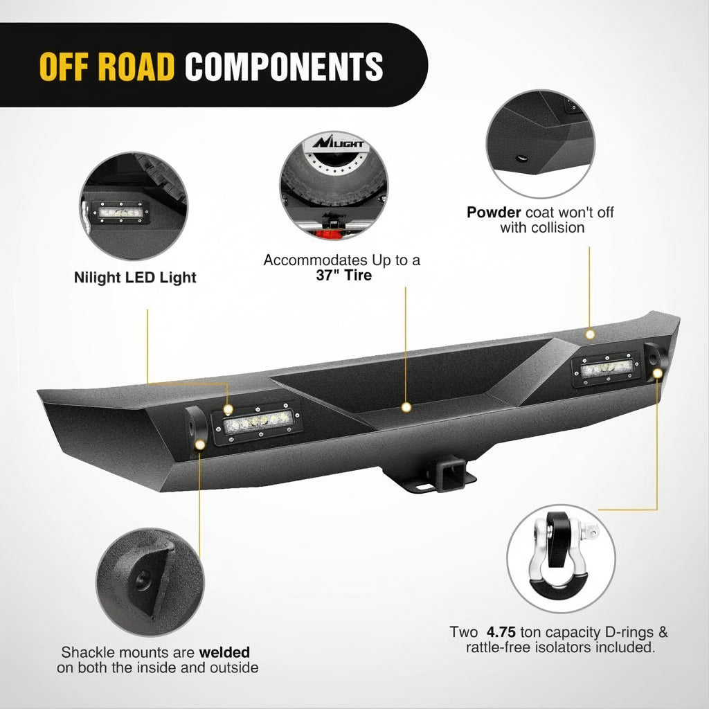 Nilight - JK-52A Rear Bumper Compatible for 2007-2018 Wrangler JK,Rock Crawler Bumper with Hitch Receiver & 2X Upgraded 18W LED Lights Off Road Textured Black