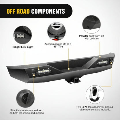 Nilight - JK-52A Rear Bumper Compatible for 2007-2018 Wrangler JK,Rock Crawler Bumper with Hitch Receiver & 2X Upgraded 18W LED Lights Off Road Textured Black