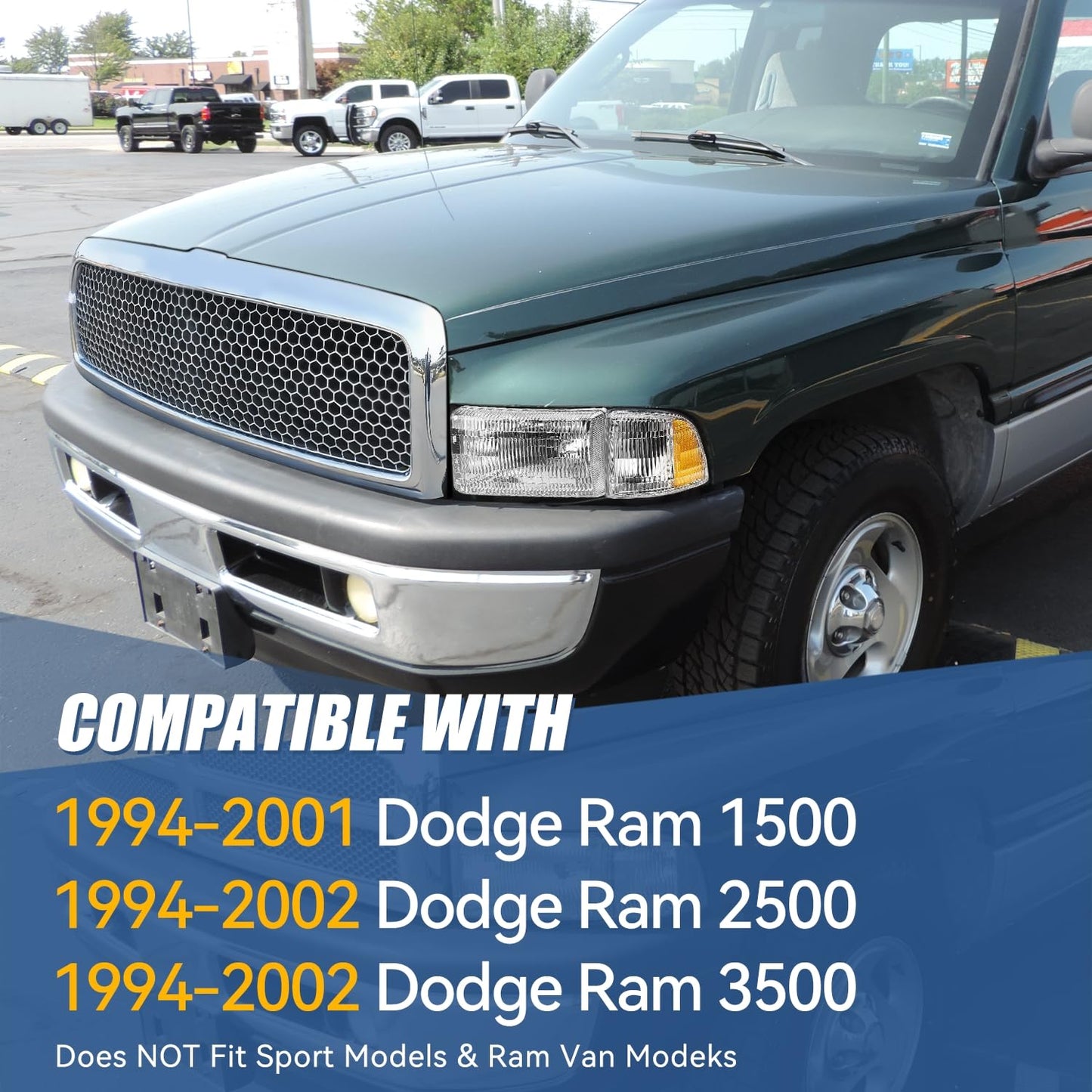 4-PCS Headlight & Corner Lamp Kit for 1994-2002 Dodge Ram 1500/2500/3500 (Non-Sport) - Chrome Housing