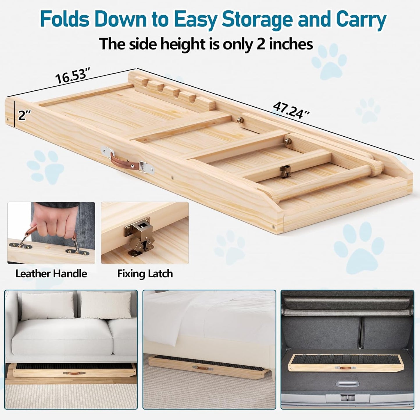 Tresbro Dog Ramp for Bed, 47.24'' Long Pet Ramp with Adjustable 14.56'' to 24'' Height, Portable Dog Ramp Hold up to 200LBS with Anti-Slip Mat & Carrying Handle for Small & Medium Dogs to Get on Couch