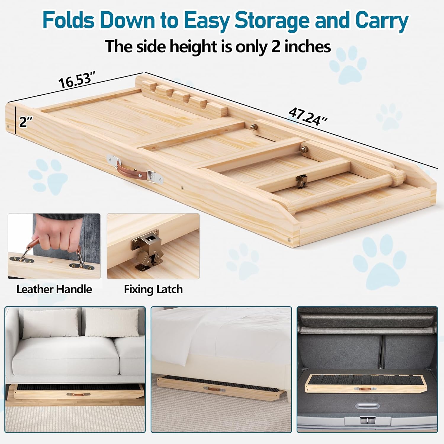 Tresbro Dog Ramp for Bed, 47.24'' Long Pet Ramp with Adjustable 14.56'' to 24'' Height, Portable Dog Ramp Hold up to 200LBS with Anti-Slip Mat & Carrying Handle for Small & Medium Dogs to Get on Couch