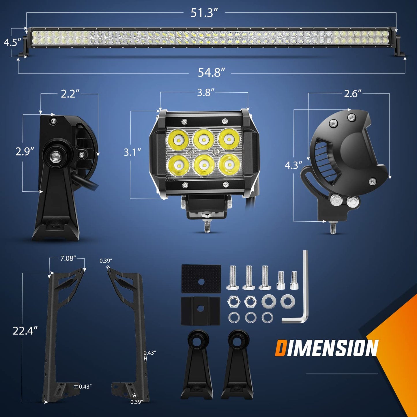 52" LED Light Bar & 4" Spot Pods Combo with Mount for 2007-2017 Jeep Wrangler JK
