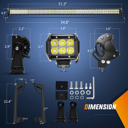 52" LED Light Bar & 4" Spot Pods Combo with Mount for 2007-2017 Jeep Wrangler JK