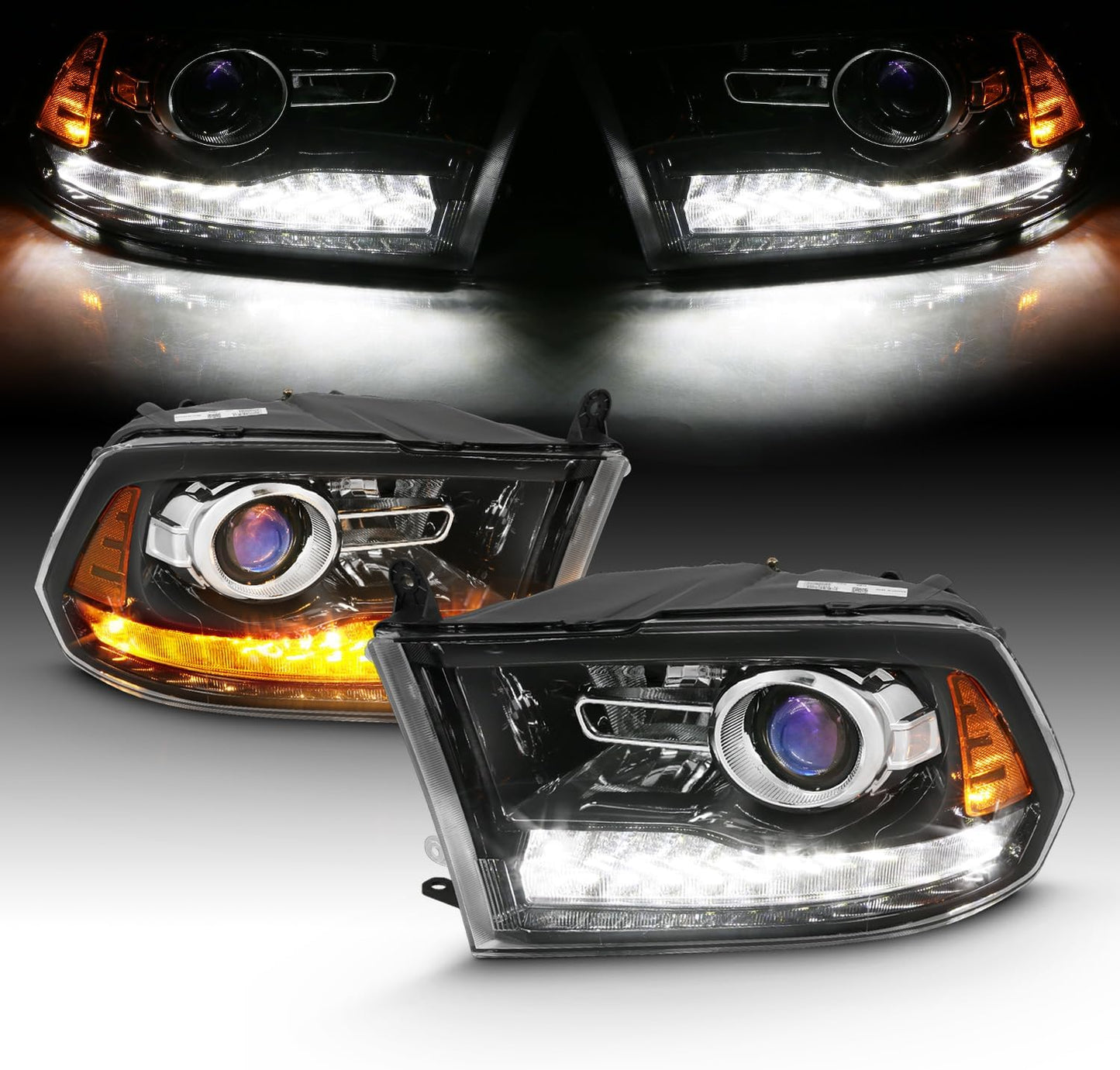 AmeriLite for 2009-2018 Dodge Ram 1500 2500 3500 BOTH Models Switchback LED Polished Black Replacement Projector Headlight Assembly Set - Passenger and Driver Side