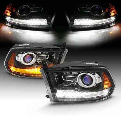 AmeriLite for 2009-2018 Dodge Ram 1500 2500 3500 BOTH Models Switchback LED Polished Black Replacement Projector Headlight Assembly Set - Passenger and Driver Side