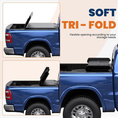 Soft Tri-fold 5.6 Feet Bed Tonneau Cover Compatible for 2009-2025 Dodge Ram 1500 (Incl. 2019-2024 Classic & 2019-2025 New Body Style) W/o Ram Box Truck Bed