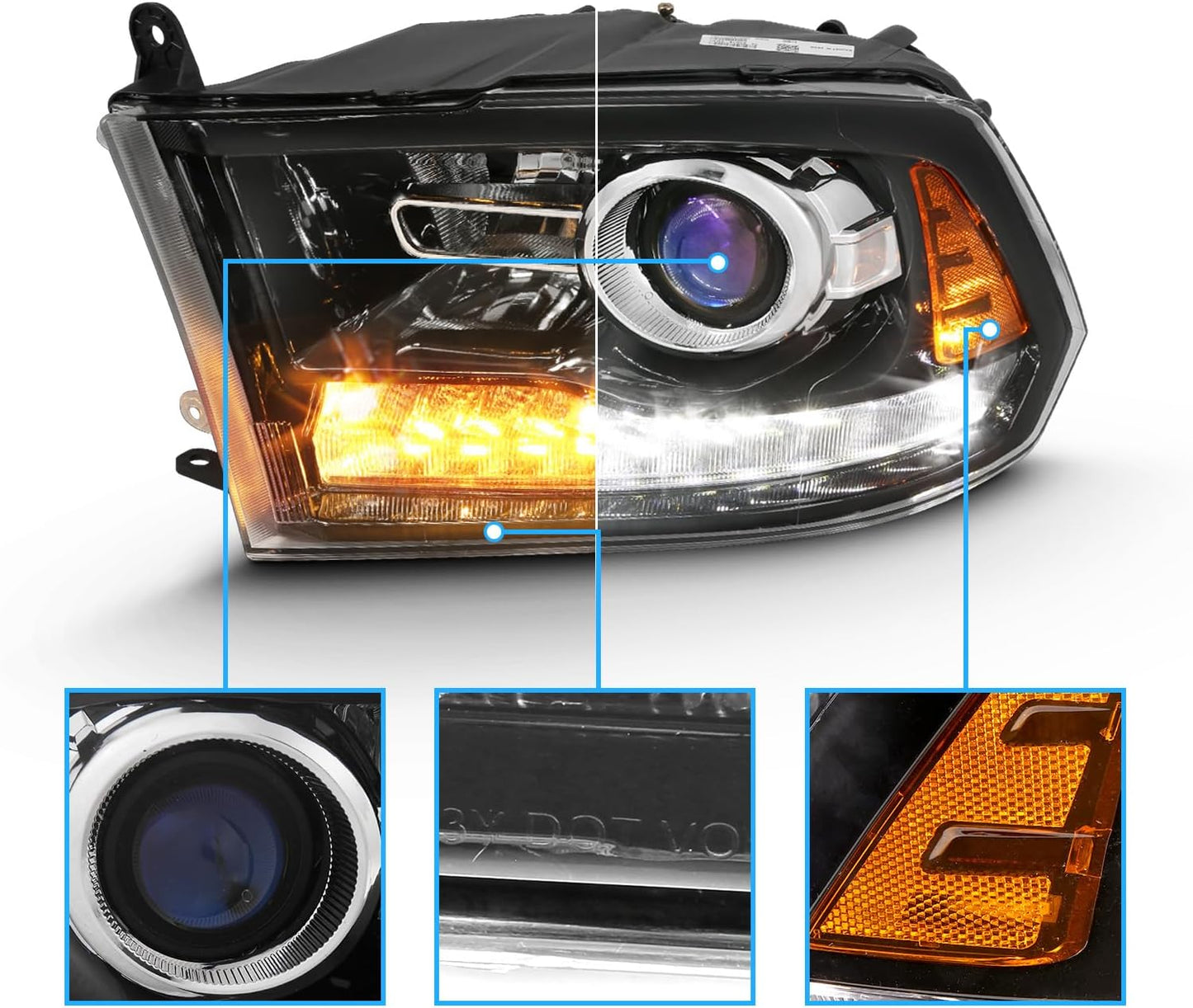 AmeriLite for 2009-2018 Dodge Ram 1500 2500 3500 BOTH Models Switchback LED Polished Black Replacement Projector Headlight Assembly Set - Passenger and Driver Side