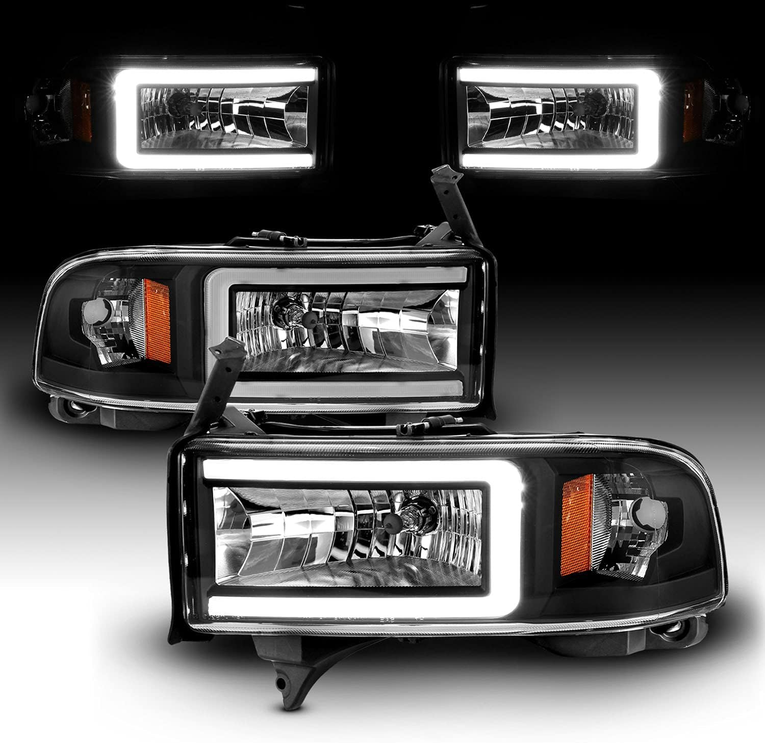 AmeriLite 1994-2001 Dodge Ram 1500 2500 3500 HD C-Type LED Tube Black 1pc Replacement Headlights Set - Passenger and Driver Side