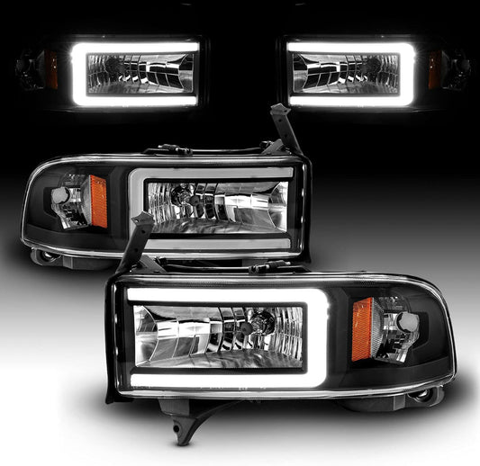 AmeriLite 1994-2001 Dodge Ram 1500 2500 3500 HD C-Type LED Tube Black 1pc Replacement Headlights Set - Passenger and Driver Side
