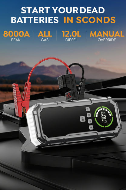 8000A Jump Starter & 160PSI Air Compressor - All Petrol/12L Diesel, 600 Lumens LCD