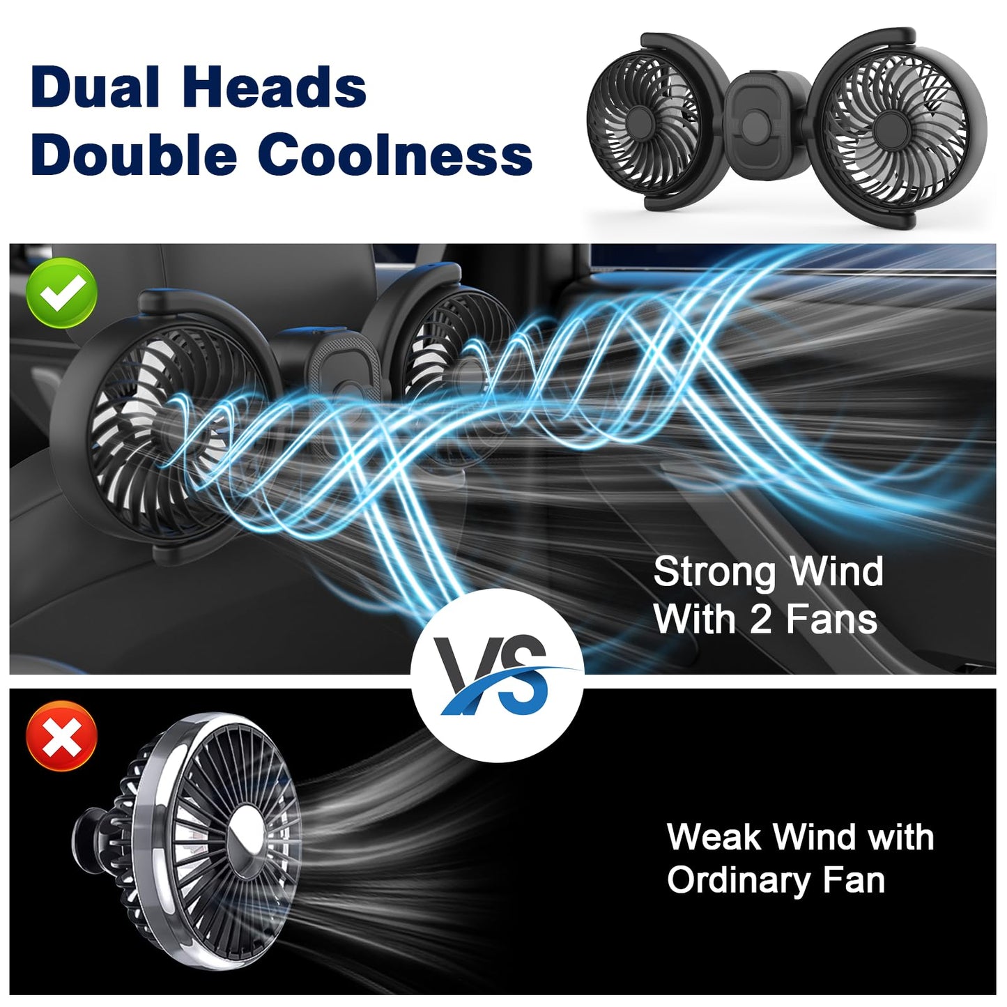 Rechargeable Dual-Head Car Fan for Backseat Cooling