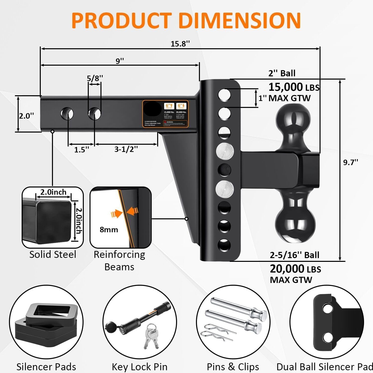 Adjustable Trailer Hitch -Drop Hitch-Tow Hitch with 2 inch Receiver-6inch Drop/Rise, 2" & 2-5/16" Ball Hitches for Trucks, 20,000 LBS GTW, Trailer Hitches with Anti-Theft Pin, Black…