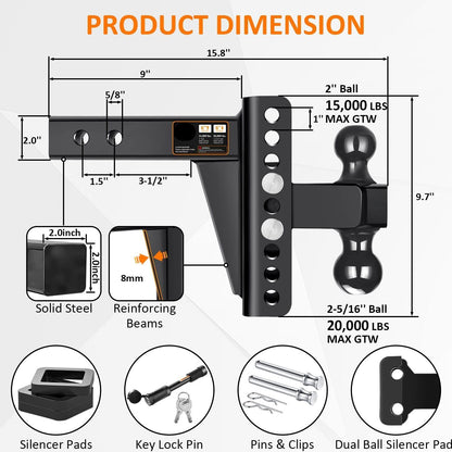 Adjustable Trailer Hitch -Drop Hitch-Tow Hitch with 2 inch Receiver-6inch Drop/Rise, 2" & 2-5/16" Ball Hitches for Trucks, 20,000 LBS GTW, Trailer Hitches with Anti-Theft Pin, Black…