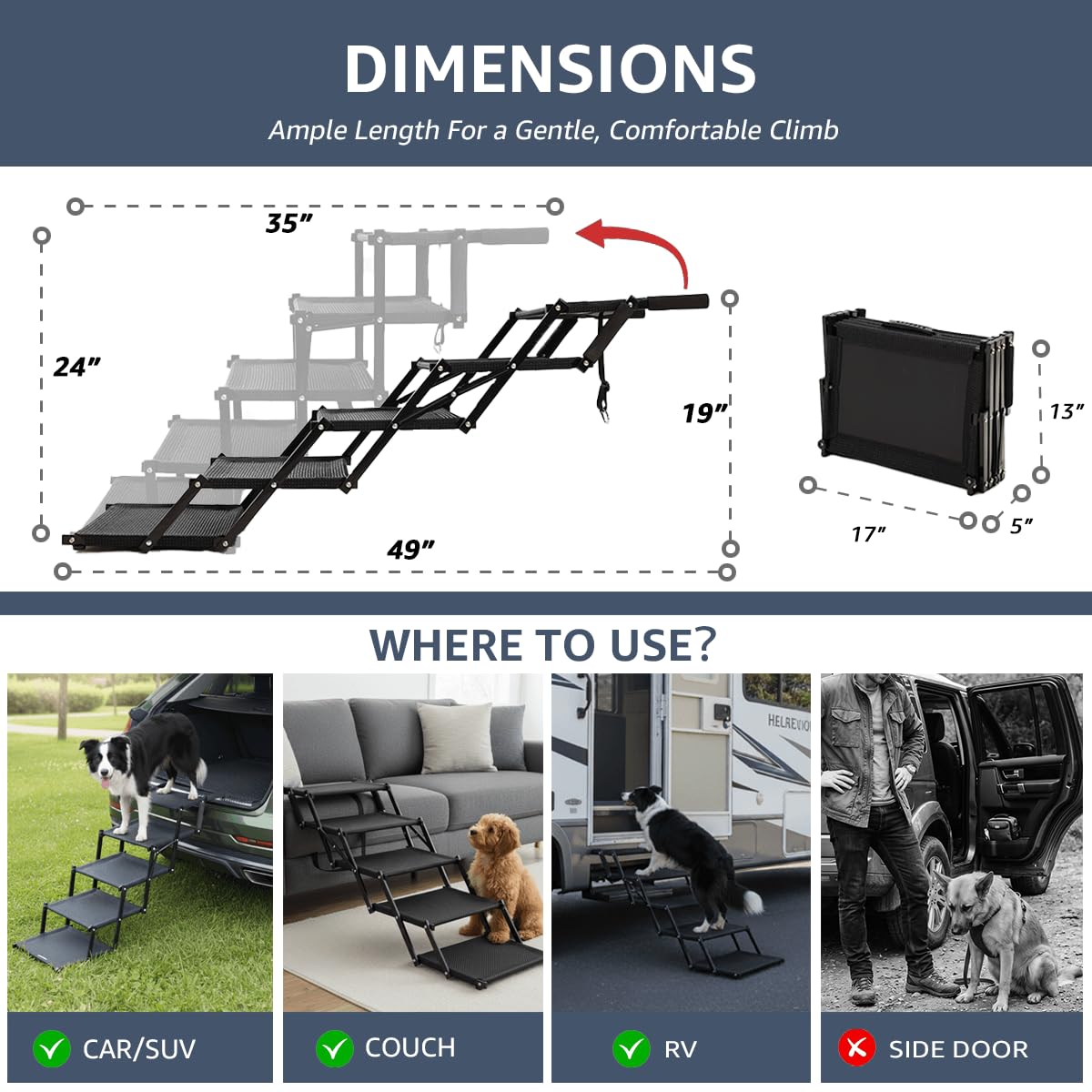 5-Step Foldable Dog Stairs - Extra Wide, 250 lb Capacity, Non-Slip Surface for Large Dogs
