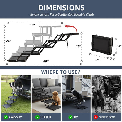 5-Step Foldable Dog Stairs - Extra Wide, 250 lb Capacity, Non-Slip Surface for Large Dogs