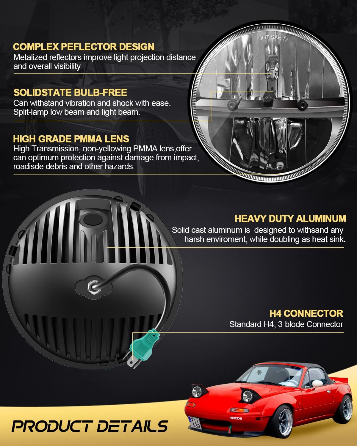 2-PCS 7" LED Headlights - DOT Approved, Hi/Lo Beam, Plug & Play, Universal Fit