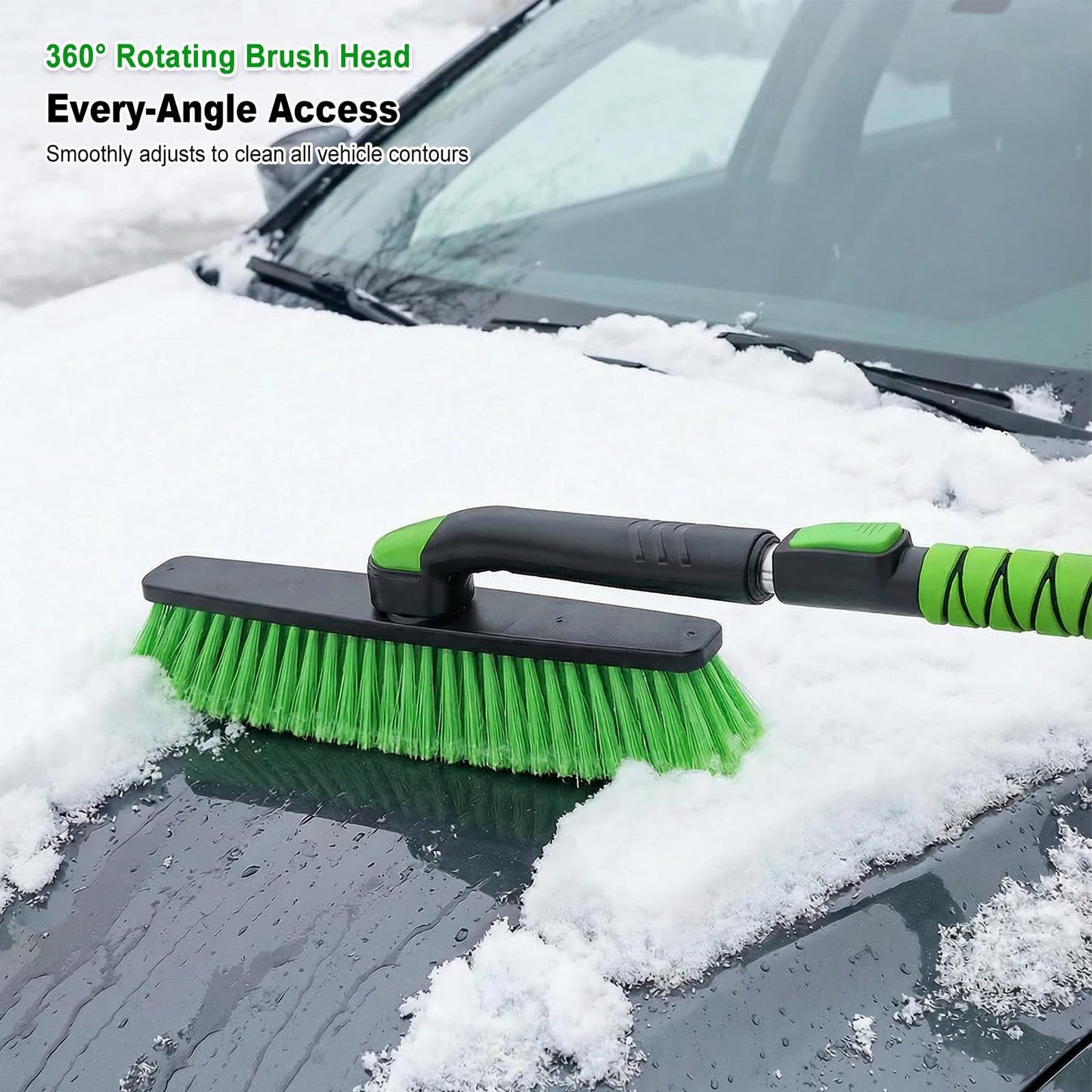 45" Extendable Snow Brush with Wide Ice Scraper - 360° Pivot, Green