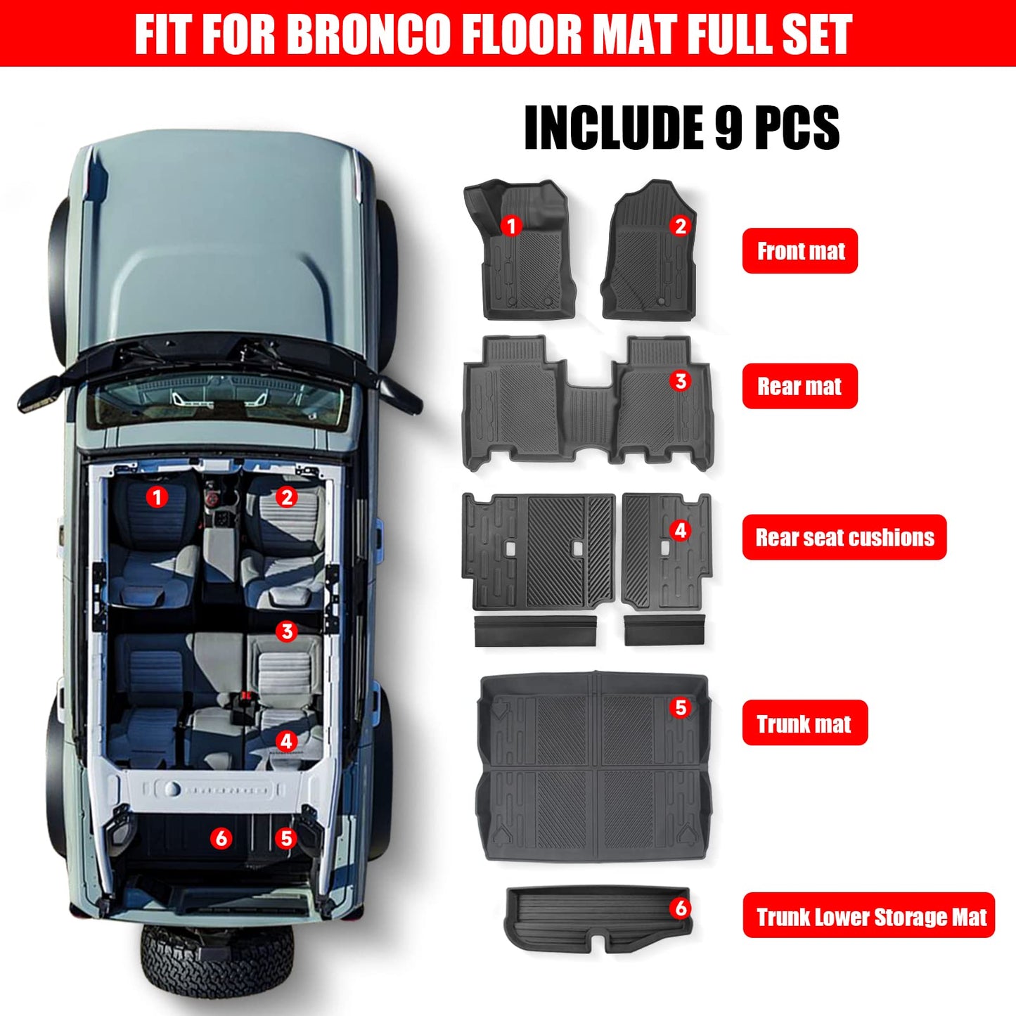 Floor Mats & Cargo Liner Set for 2021-2026 Ford Bronco 4-Door (Excludes Sport)