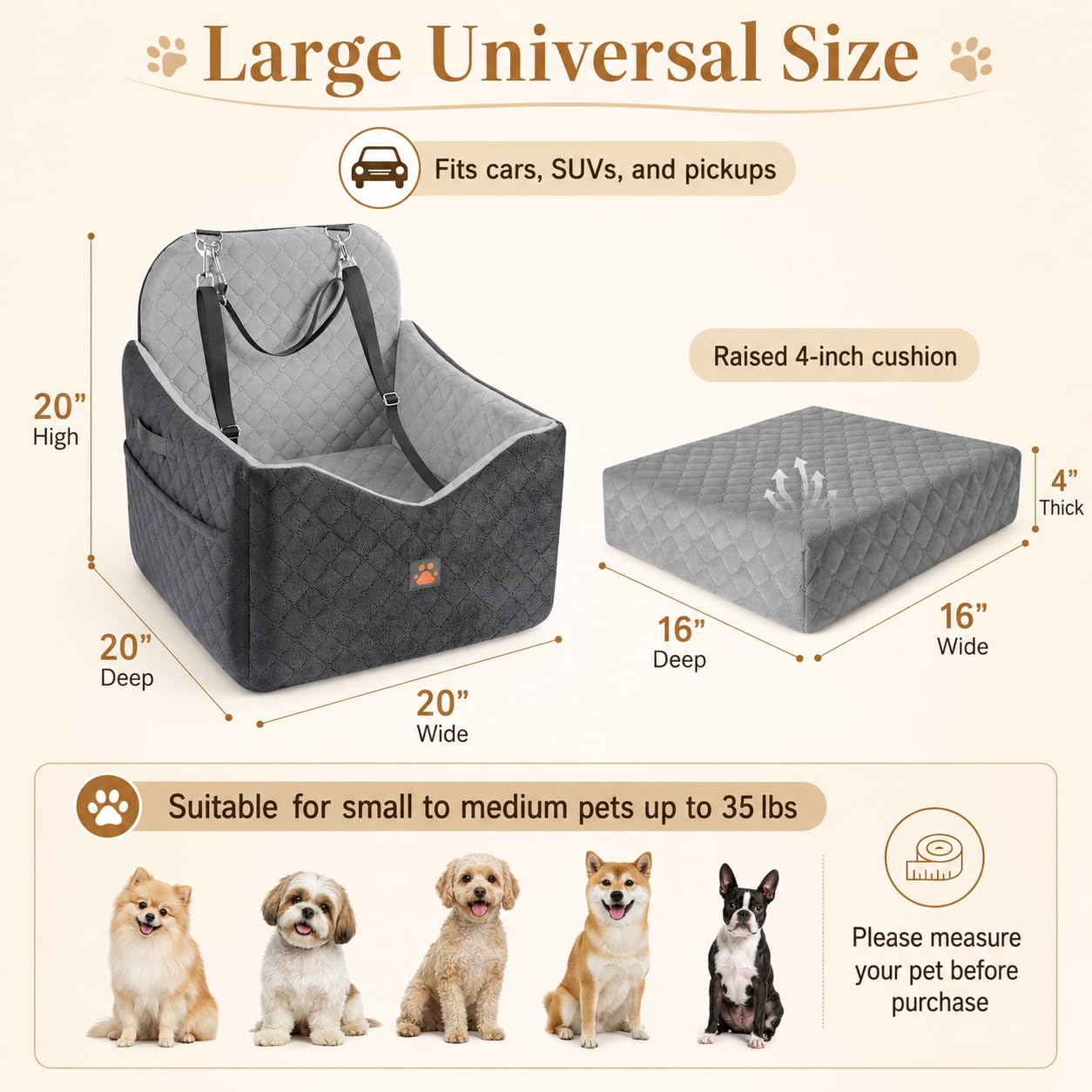 Small/Medium Dog Car Seat w/Side Opening - Thick Cushion, Detachable Washable, 35 lb Capacity (Grey)
