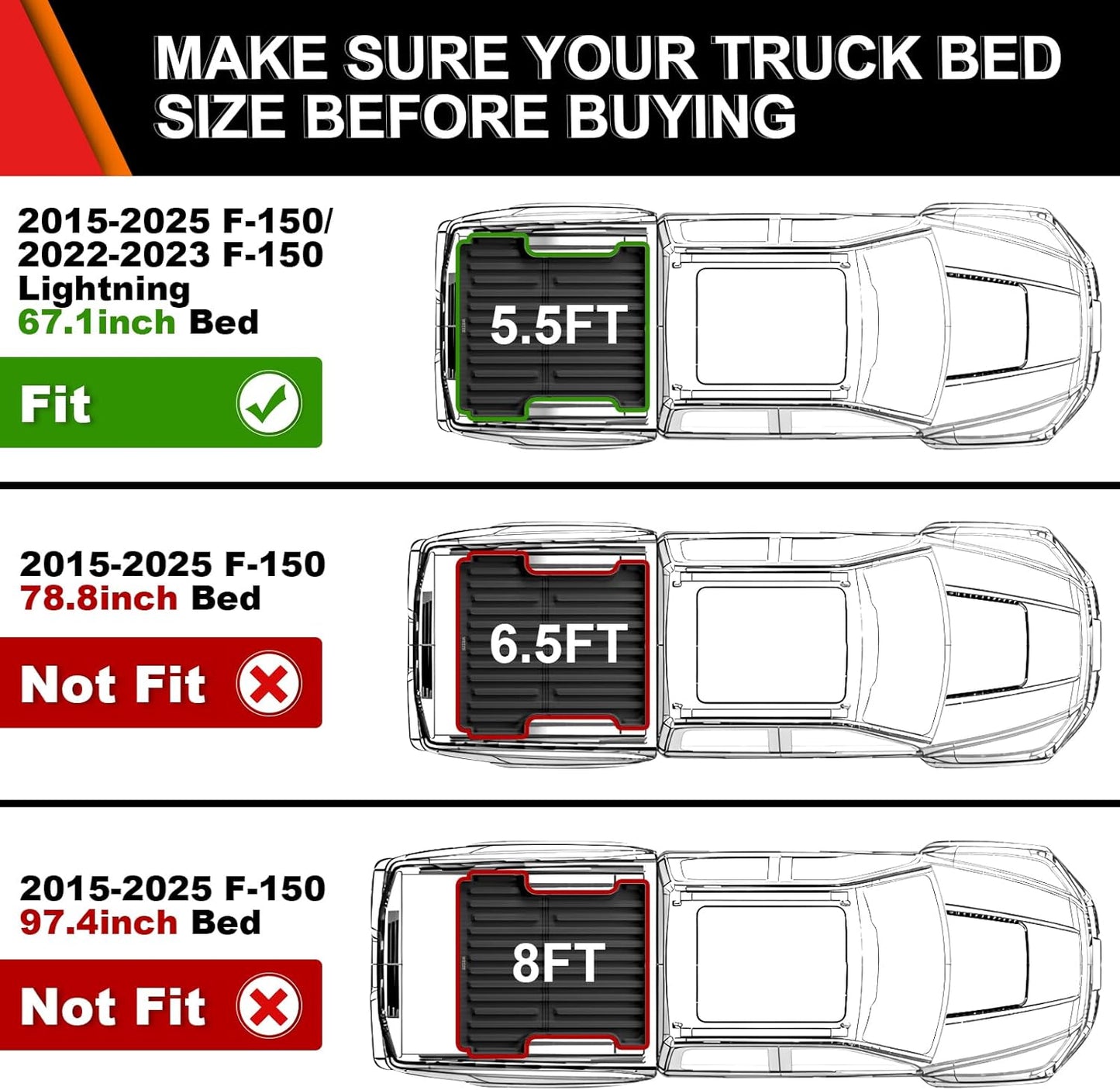 WEIZE Truck Bed Mat for Ford F-150 2015-2025/F-150 Lightning 2022-2023 5.5ft (5'6", 67.1in), All Weather Protection TPE Truck Bed Liner Durable Easy Clean Black