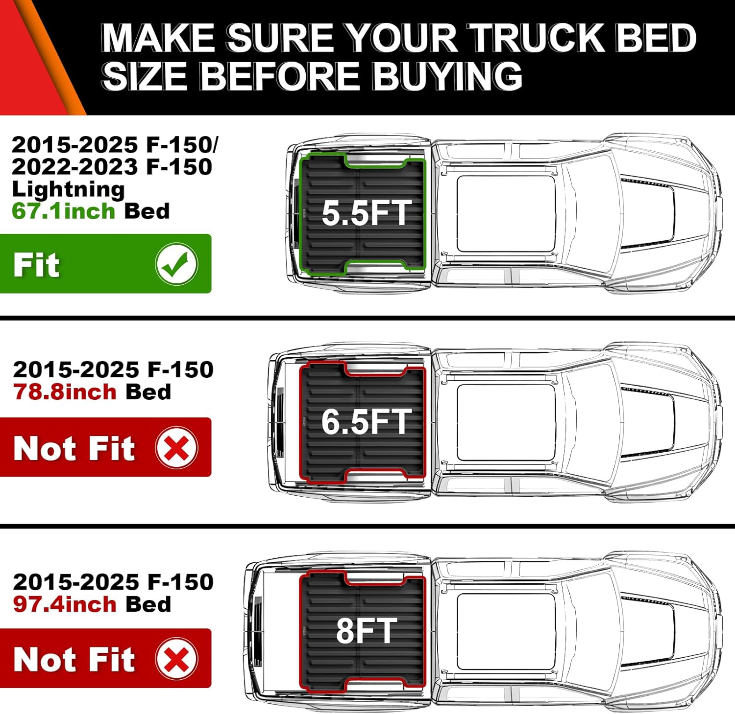 WEIZE Truck Bed Mat for Ford F-150 2015-2025/F-150 Lightning 2022-2023 5.5ft (5'6", 67.1in), All Weather Protection TPE Truck Bed Liner Durable Easy Clean Black