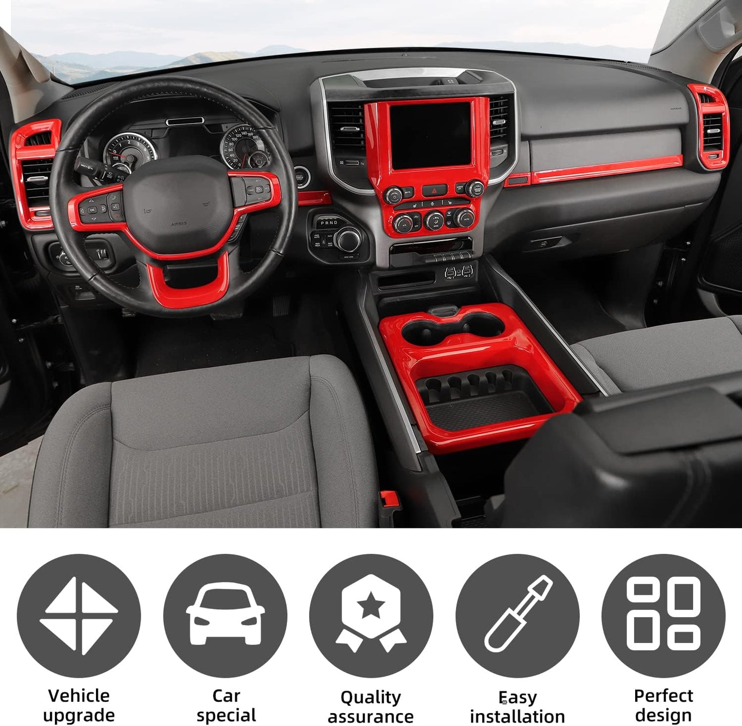 27Pcs Interior Trim Kit Cover Compatible with 2018-2025 Dodge RAM 1500 4-Door,Cup Holder Door Handle Dashboard Panel Roof Reading Light Side Outlet Cover Trim(Red)