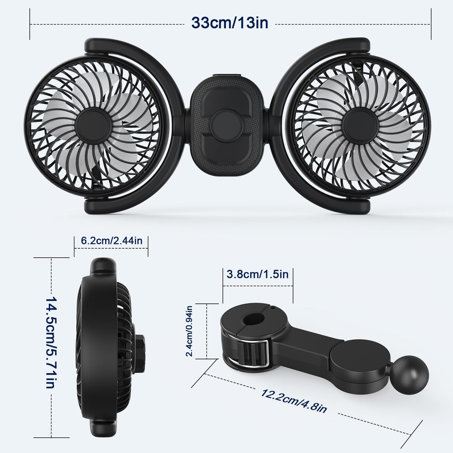 Rechargeable Dual-Head Car Fan for Backseat Cooling