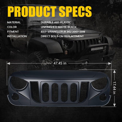 Jeep Wrangler JK Matte Black Front Grille with Mesh Insert (2007-2018)