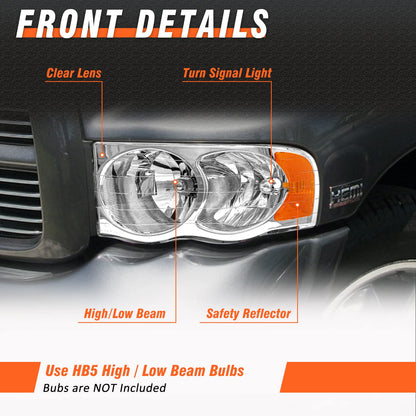 Chrome Headlight Assembly (Left+Right) for 2002-2005 Dodge Ram 1500 & 2003-2005 Ram 2500/3500