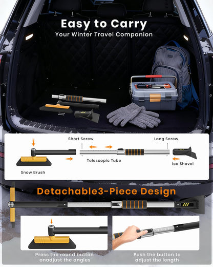 43.7" Extendable Ice Scraper with 360° Pivoting Brush - 12 Length Settings, Orange