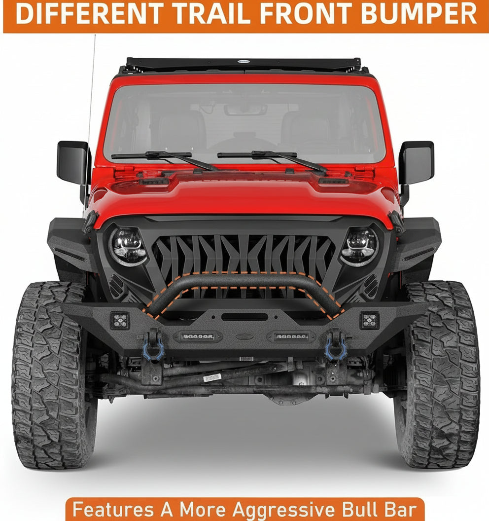 Hooke Road Sturdy Front Bumper for Jeep Gladiator JT (2020-2025) & Wrangler JK JL (2007-2025), Offroad Steel Bumper with Bright Lights D-rings and Built-in Winch Plate