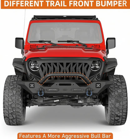 Hooke Road Sturdy Front Bumper for Jeep Gladiator JT (2020-2025) & Wrangler JK JL (2007-2025), Offroad Steel Bumper with Bright Lights D-rings and Built-in Winch Plate