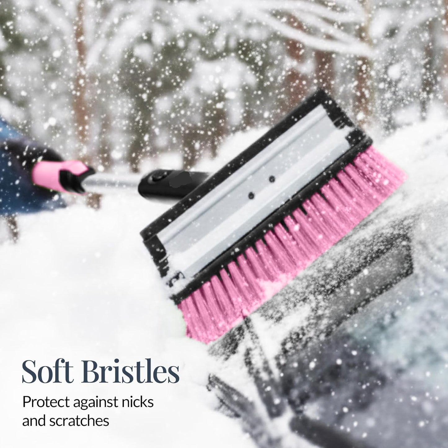 39" Extendable Snow Brush with Squeegee & Ice Scraper - 270° Pivot, Pink