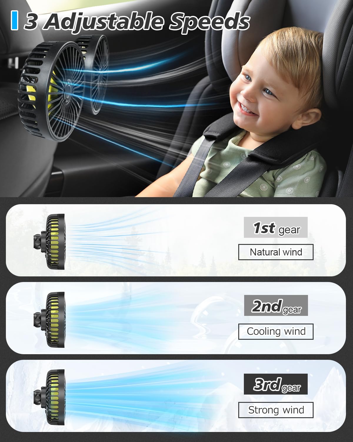 Dual Head USB Car Fan for Backseat Cooling