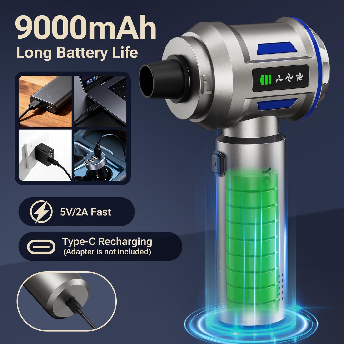 2-in-1 27000PA Brushless Car Vacuum/Air Duster - 9000mAh Cordless for Home/Office