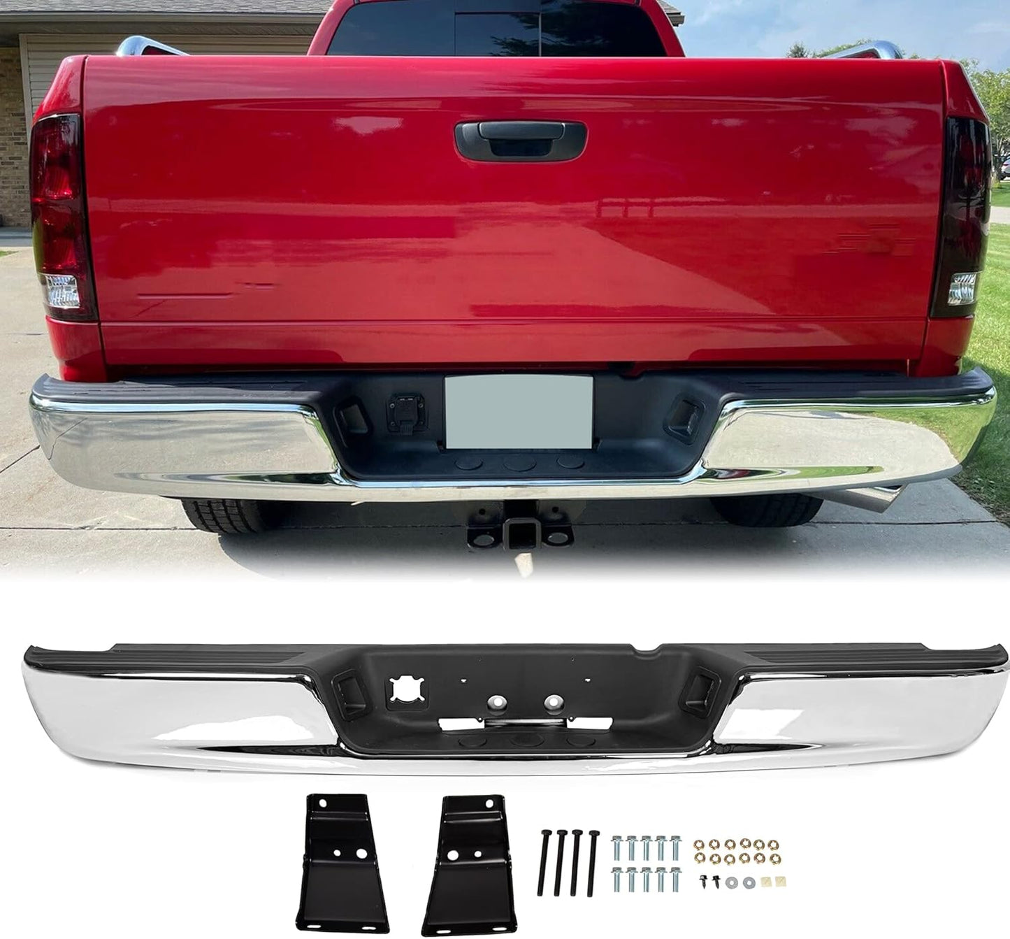 KUAFU Rear Step Bumper Assembly Compatible With 2002-2008 Dodge Ram 1500 2003-2009 Ram 2500 3500 Replace for CH1103111 CH1103108 W/Top Pads & & license Plate lamp Chrome