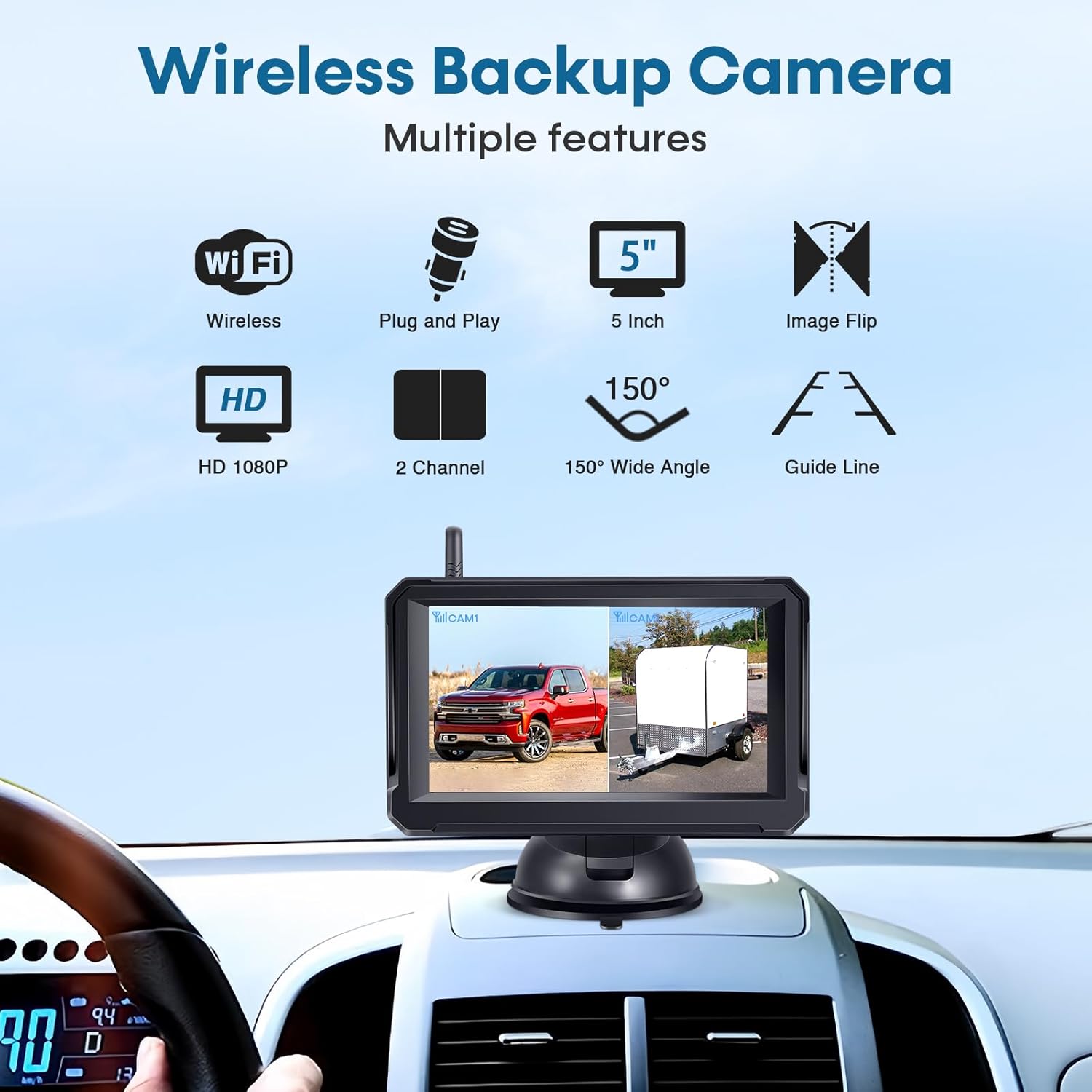 Wireless Backup Camera for Trucks: 5 Inch 1080P HD Display, Rear View Camera, IP69K Waterproof, Night Vision, Dual-Camera Support, DIY Installation, Customizable Parking Lines by Befumly H21