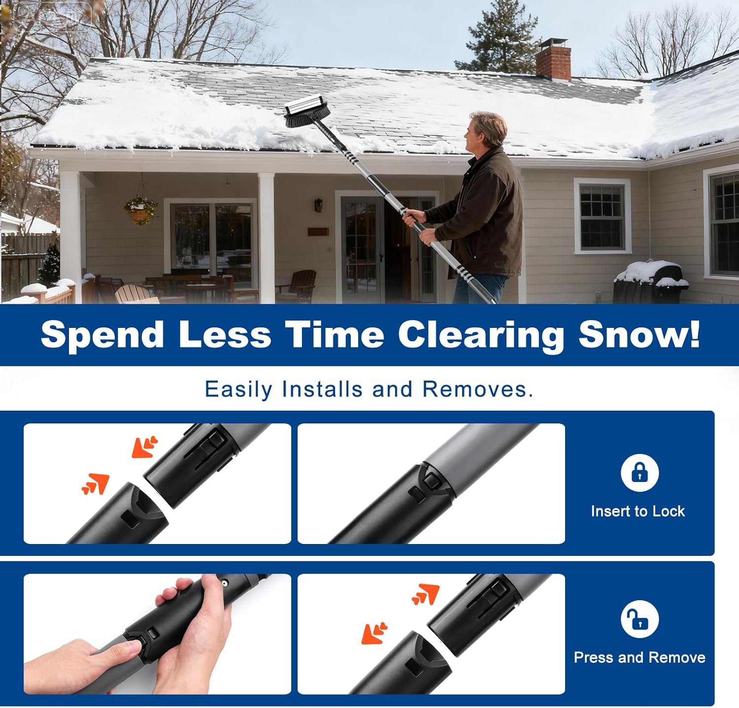 72" Extendable Long Snow Brush with Ice Scraper for Car Truck SUV Van - Soft Squeegee with 270° Pivoting Brush Head for Windshield Window - Snow Scraper & Antifreeze Gloves for Car Winter Accessories
