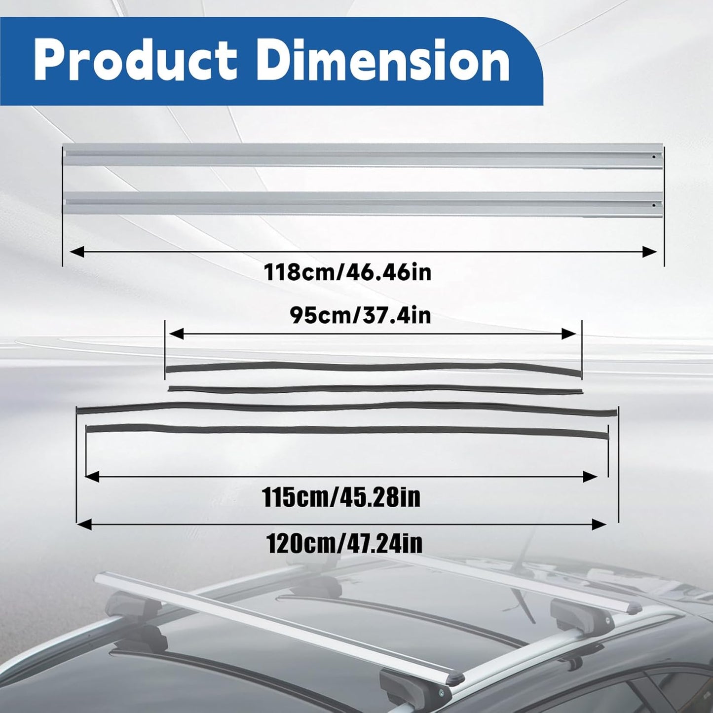48" Universal Roof Rack Cross Bars with 3 Clamp Types - Silver Aluminum