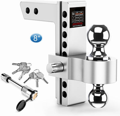 8" Adjustable Drop Hitch for 2" Receiver - 12,500 lb GTW, Chrome Balls (2"/2-5/16"), 2 Anti-Theft Locks