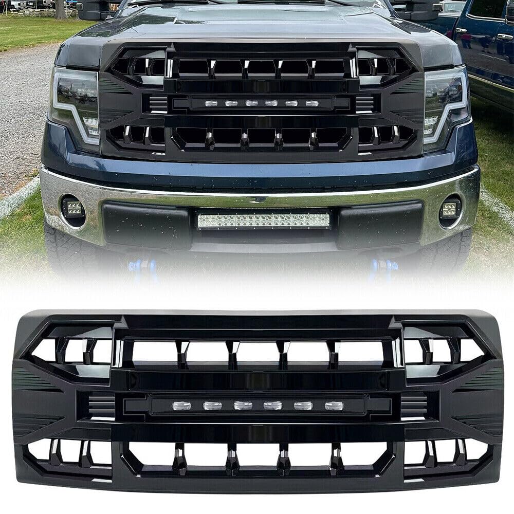 Front Grill Replacement for F150 2009-2014, Matte Black Bumper Grille w/Off-Road Lights