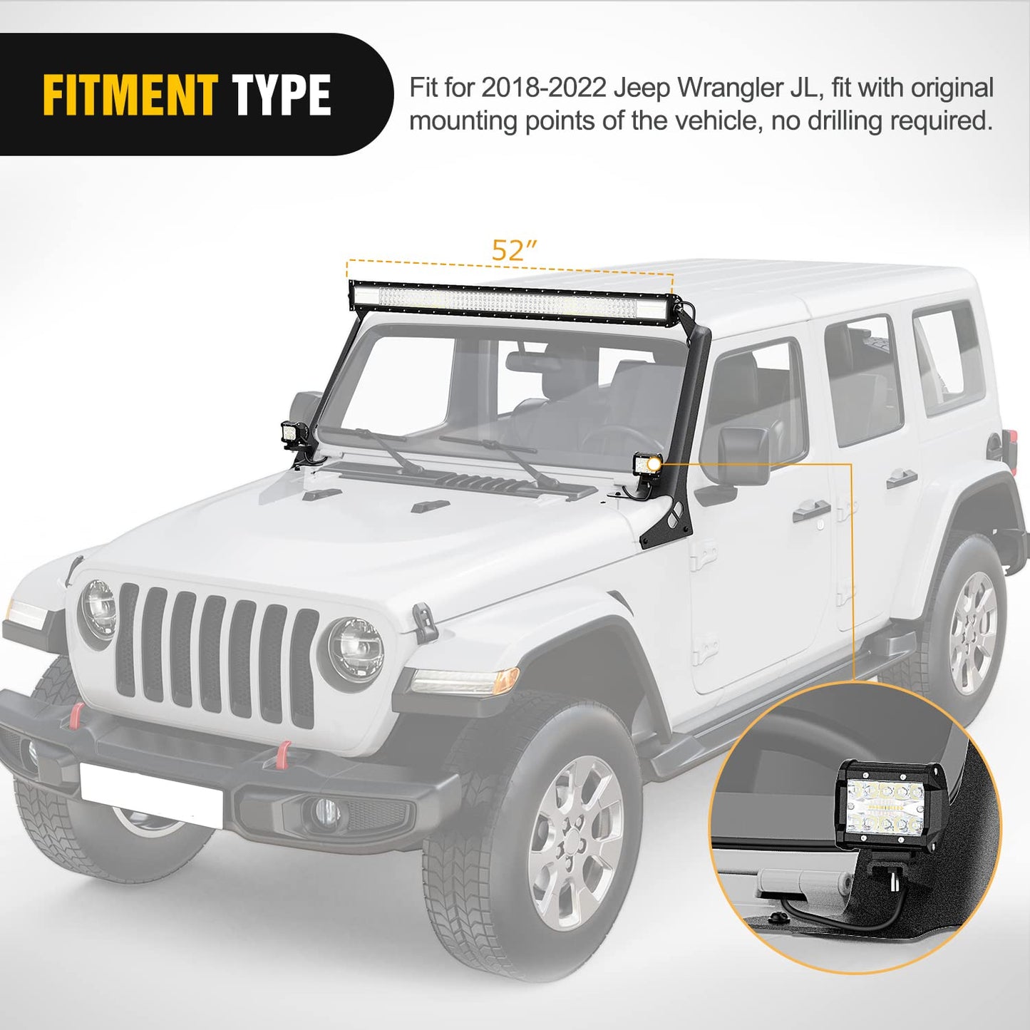 A-Pillar Mount for 52" Light Bar - Compatible with 2018-2022 Jeep JL & Gladiator JT (Black)