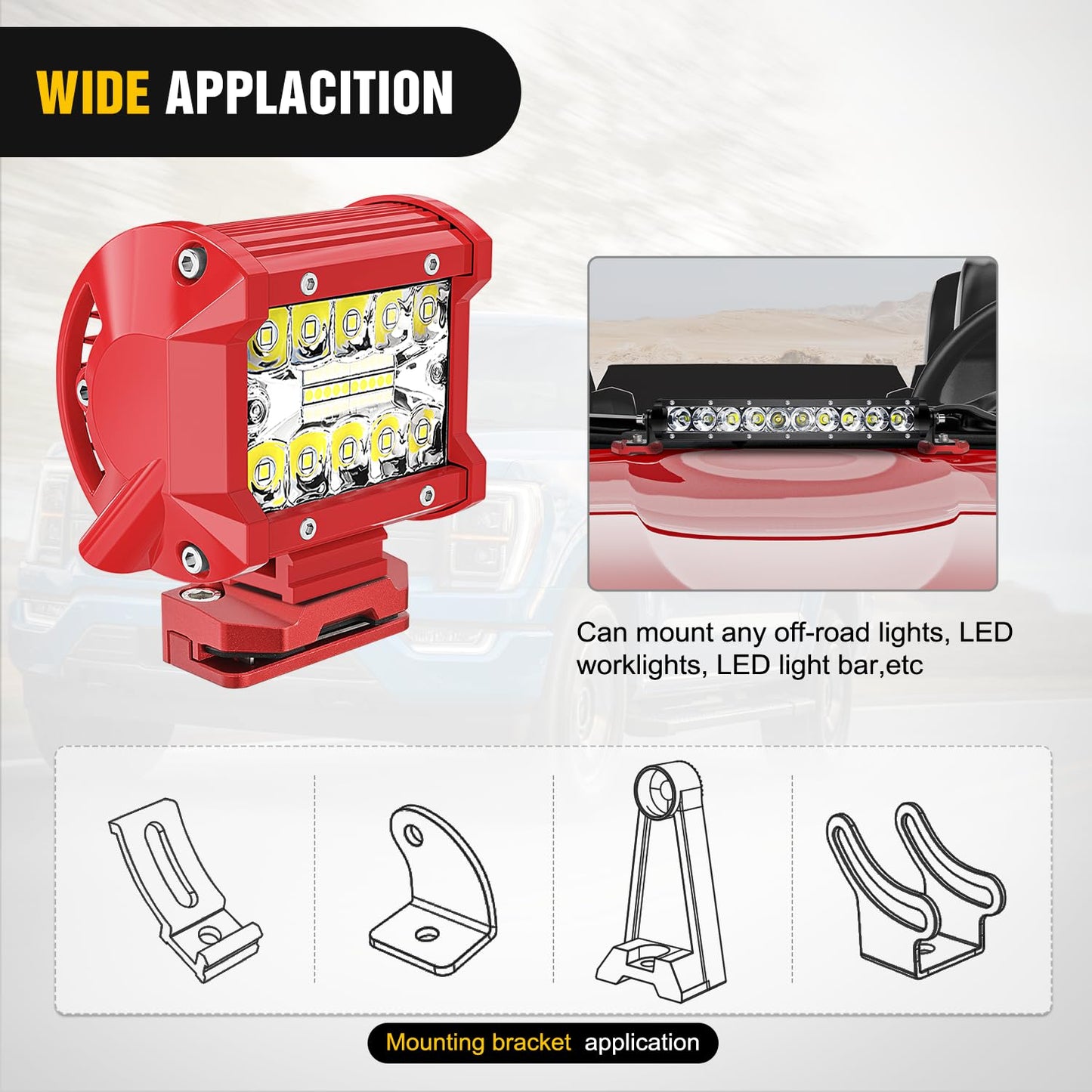2-PCS No-Drill Adjustable A-Pillar Light Bar Mounts for Truck/SUV (Red)