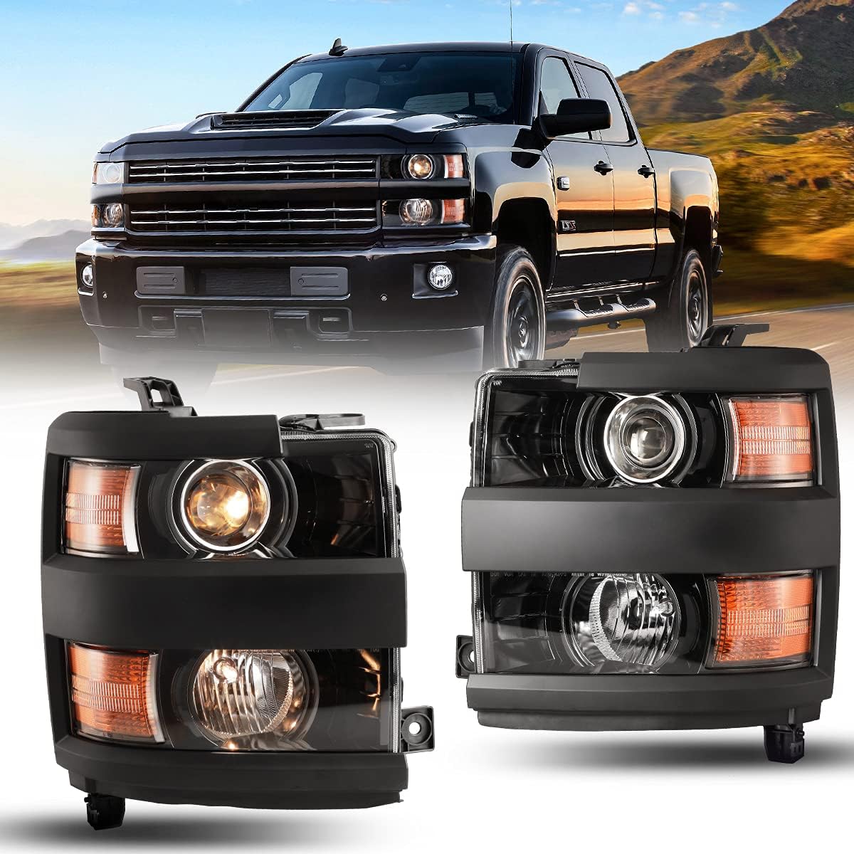 Headlights Assembly for 2015 2016 2017 2018 2019 Chevy Silverado 2500 3500 (Chrome or Black)