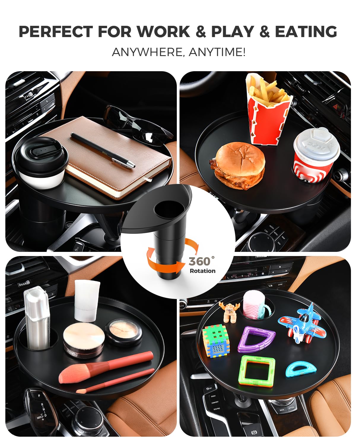 360° Rotating Car Desk with Cup Holder - Upgraded Steering Wheel Tray for Laptop/Food, Universal Fit
