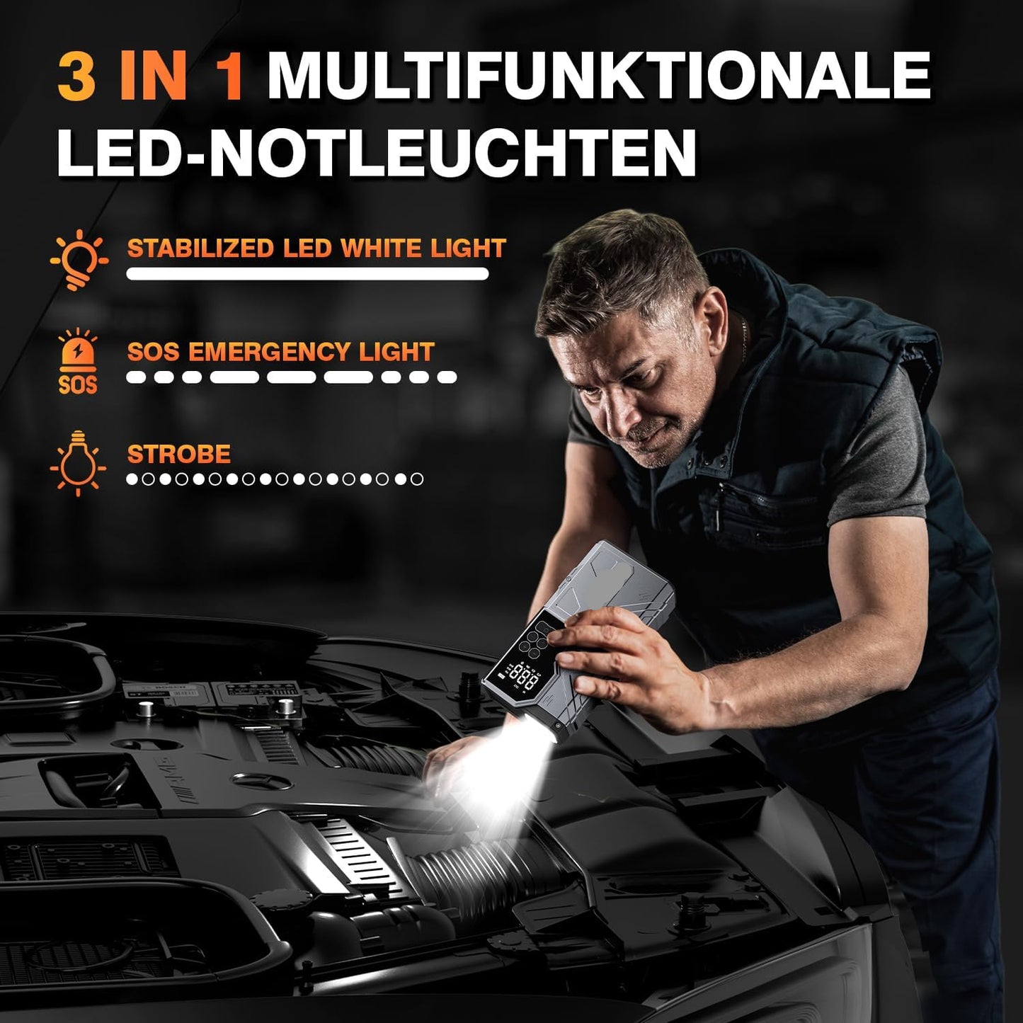 6000A Jump Starter with 150PSI Air Compressor - 80.66Wh for All Gas/10.0L Diesel, LED/Cables