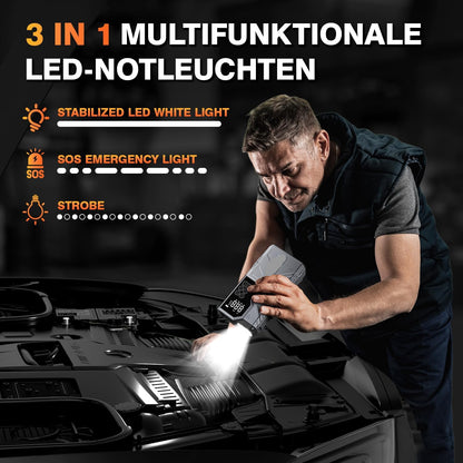 6000A Jump Starter with 150PSI Air Compressor - 80.66Wh for All Gas/10.0L Diesel, LED/Cables